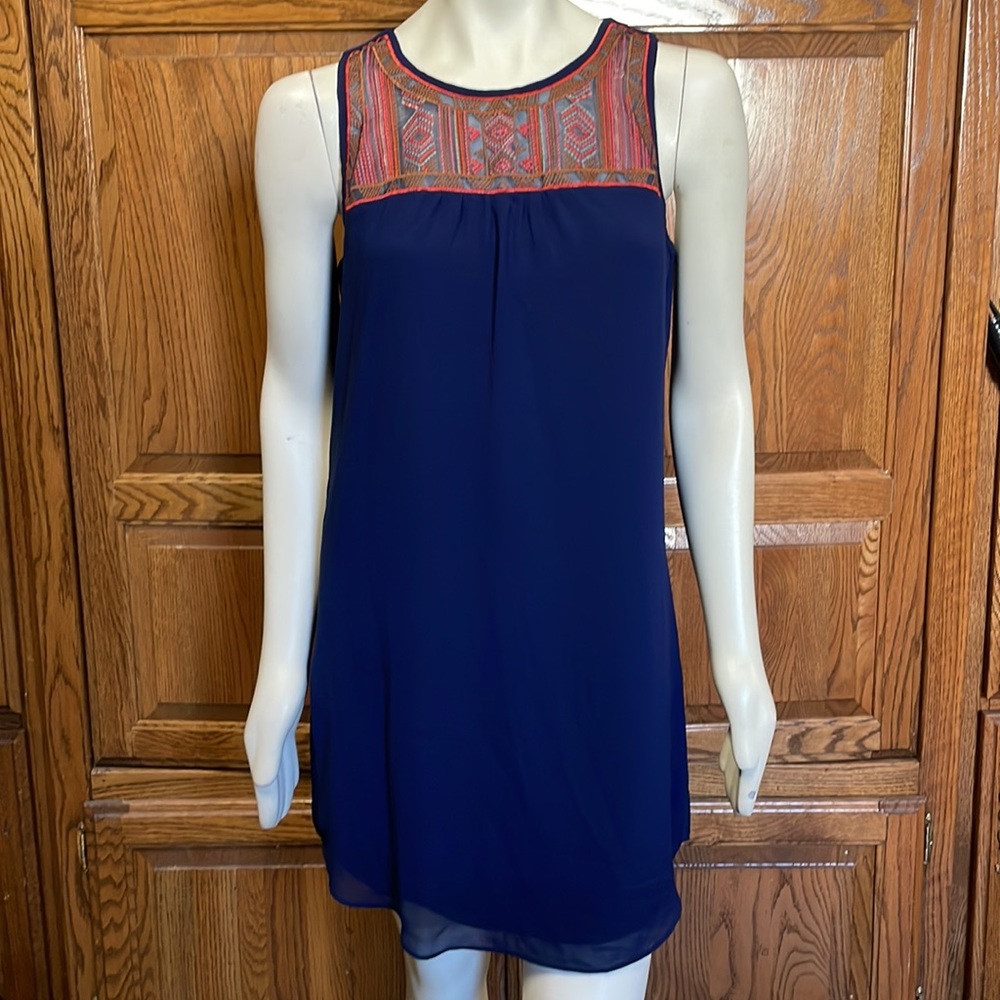 Navy Blue Embroidered Boho Sleeveless Dress Women's Size Large